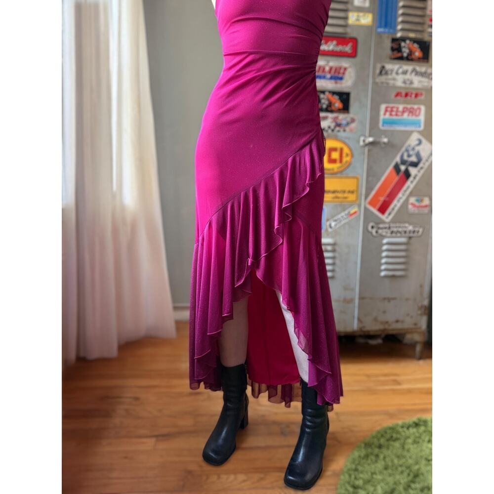 Vintage Y2K Magenta Mermaid Prom Dress | Pink Glitter Gown | Mesh Ruffle | XS - Picture 10 of 11